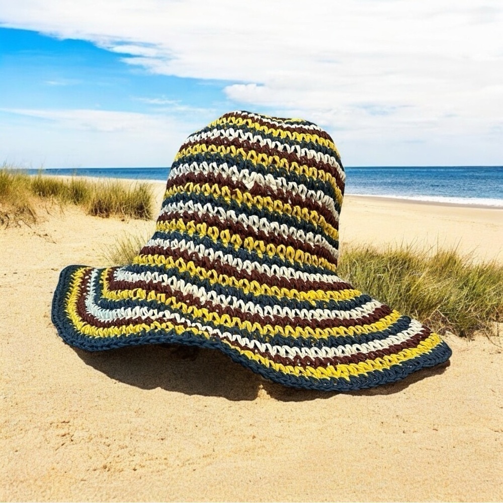 Zara Hat Crochet Size Small Floppy Sun Multi Color Stripe Beach